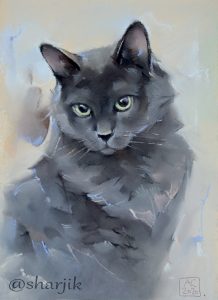 Серый кот портрет, зеленоглазый кот, заказать портрет кошки по фотографии