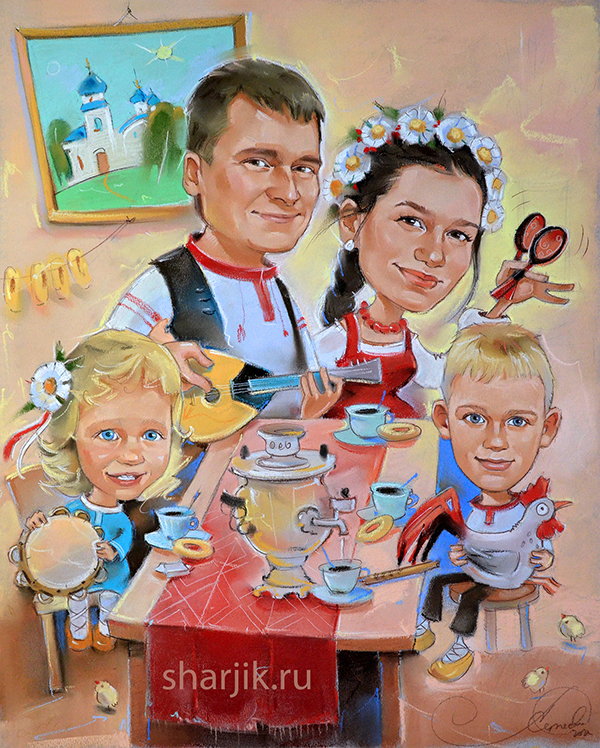 семейный шарж на заказ по фото, старорусский стиль.