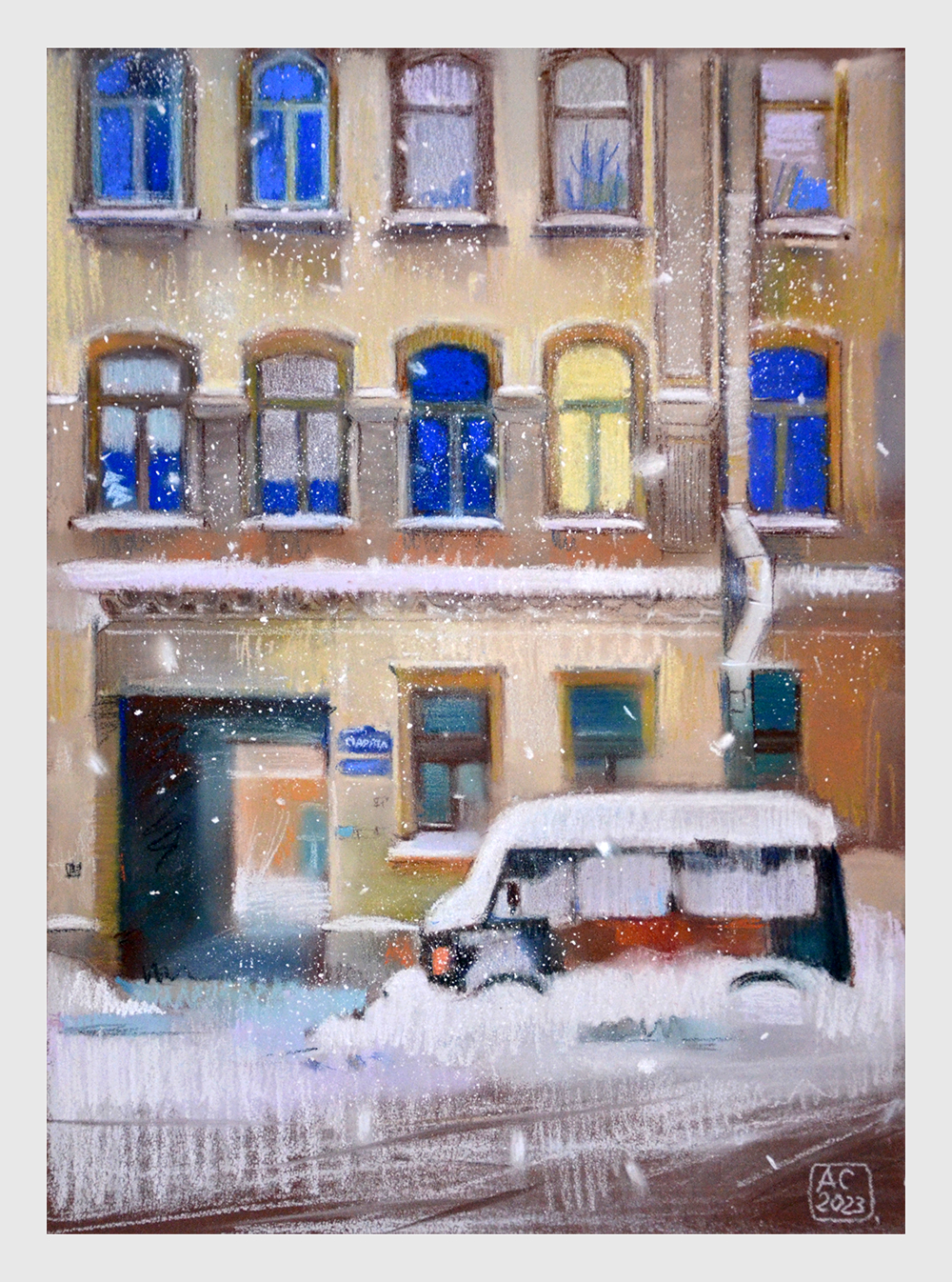 купить уютную картину с домами и окнами. Картина со снегом.