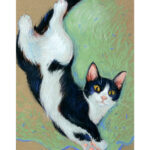 Рисунок с кошкой, растянутая кошка картина, кошка тянется, сухая пастель кошка, подарок кошатнику, картина в зоосалон